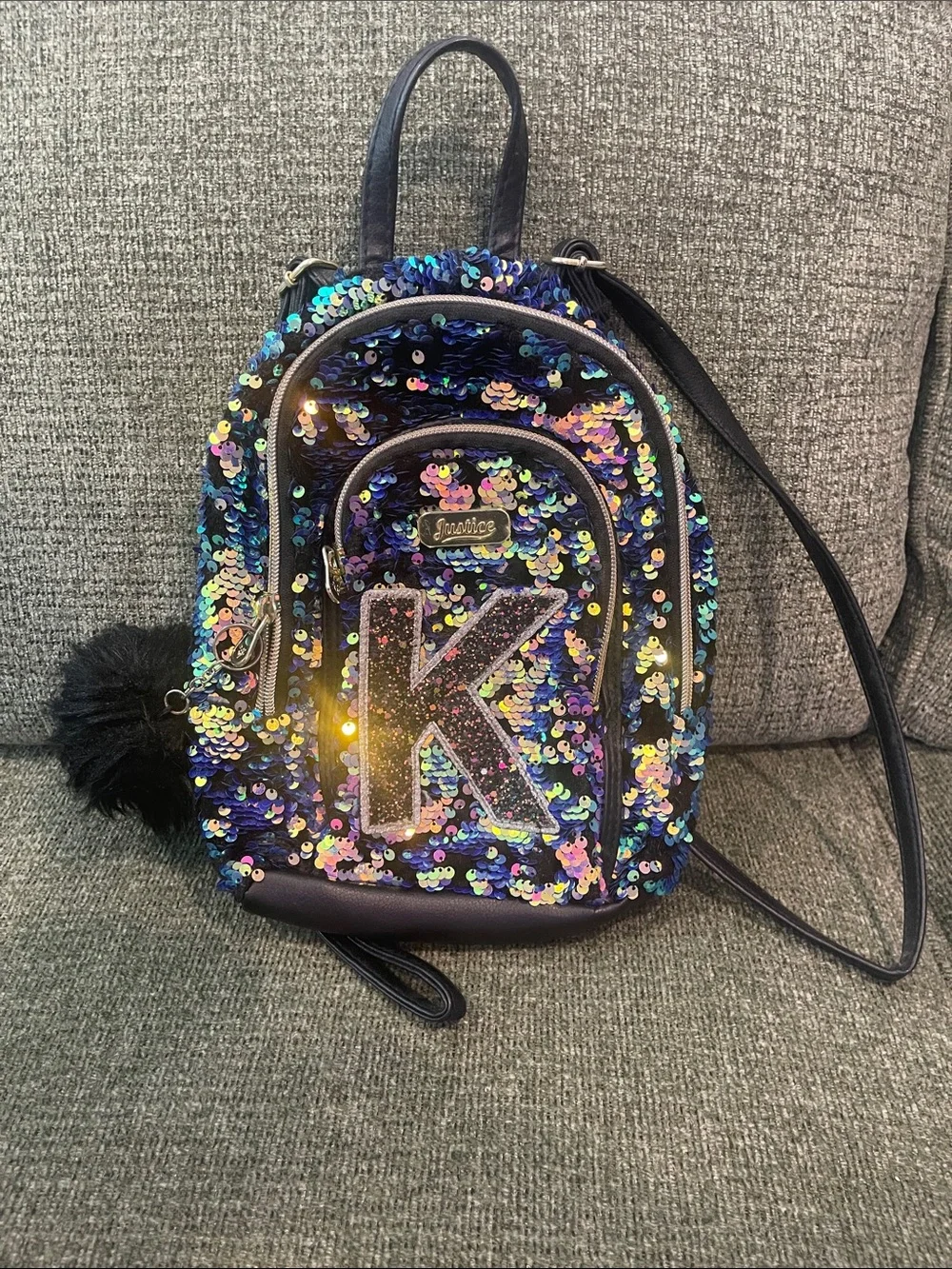 Justice-Kids Sequined Mini Backpack with Sparkle 'K' Accent - Blue/Purple